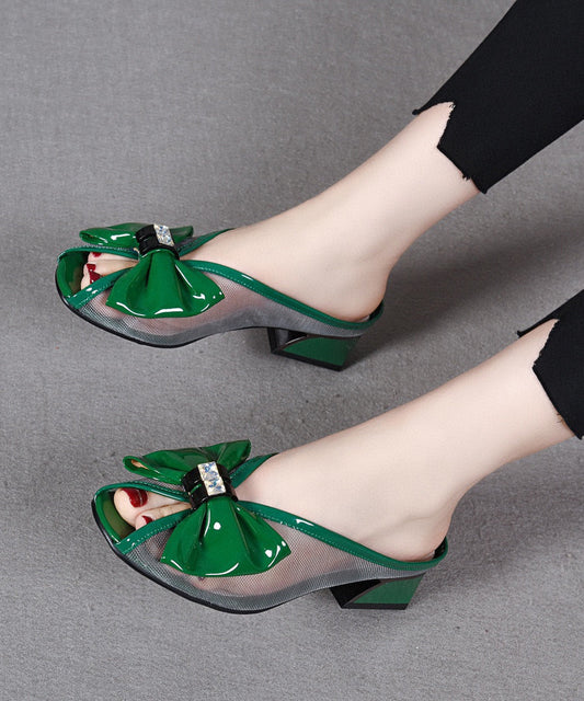 Green Chunky Tulle Bow Splicing Slide Sandals