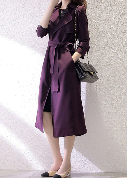 Dark Purple Notched Pockets Trench Coats Long Sleeve