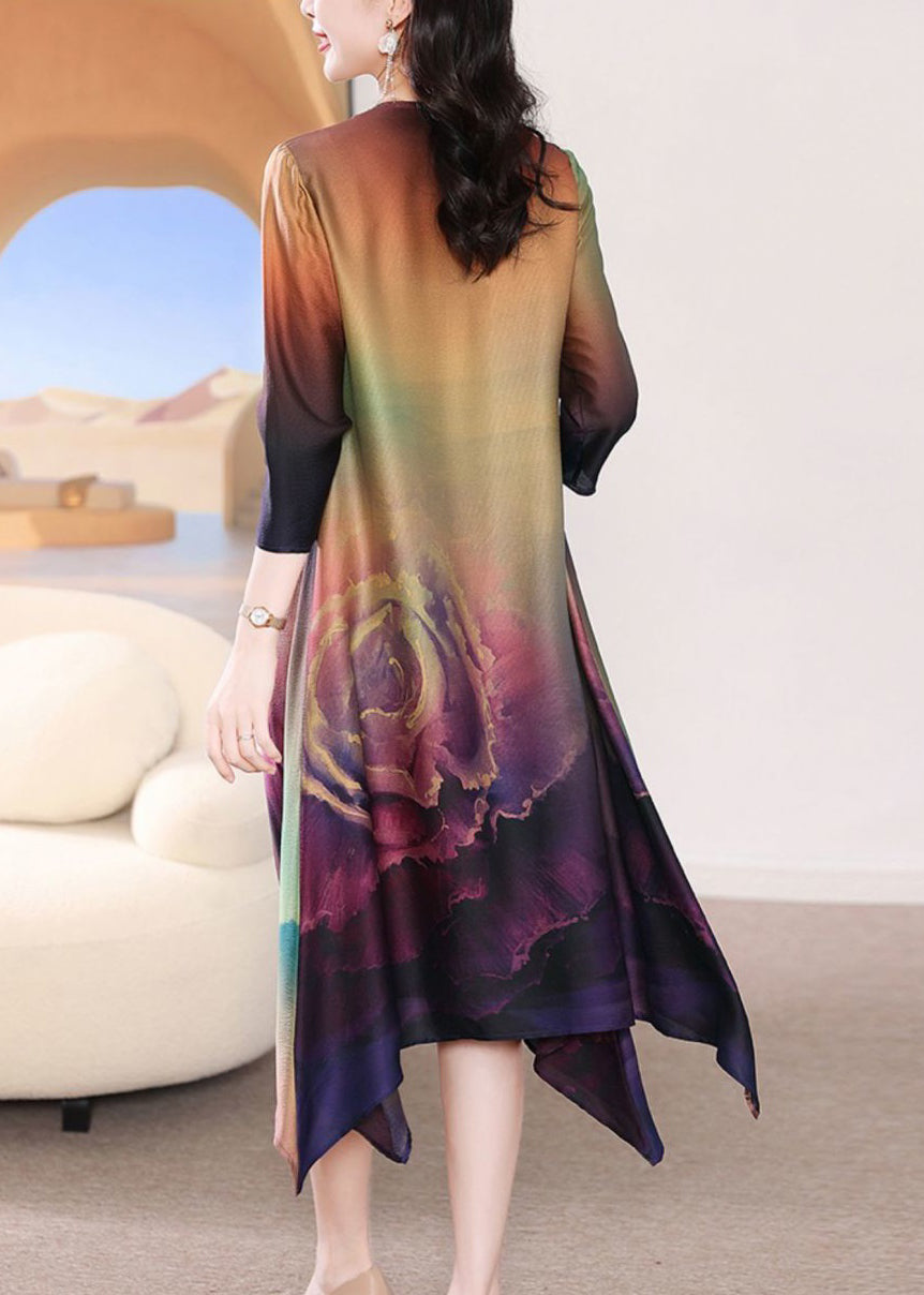 French Colorblock V Neck Print Silk Long Dress Bracelet Sleeve Summer
