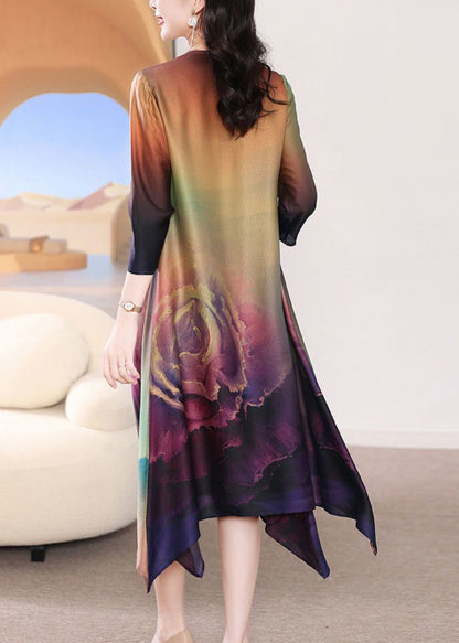 French Colorblock V Neck Print Silk Long Dress Bracelet Sleeve Summer