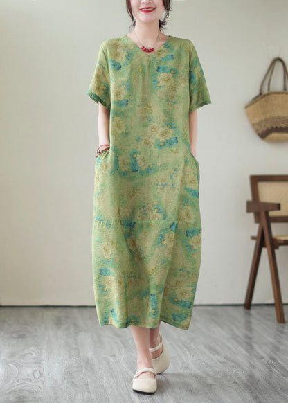 Green V Neck Print Patchwork Long Cotton Dress Summer