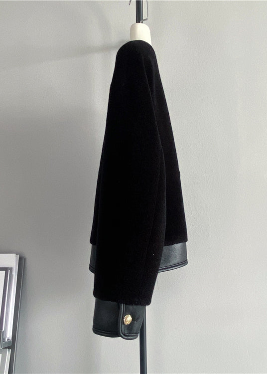 Black Button Patchwork Leather and Fur Coats V Neck Winter
