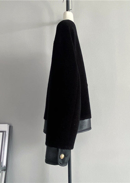 Black Button Patchwork Leather and Fur Coats V Neck Winter