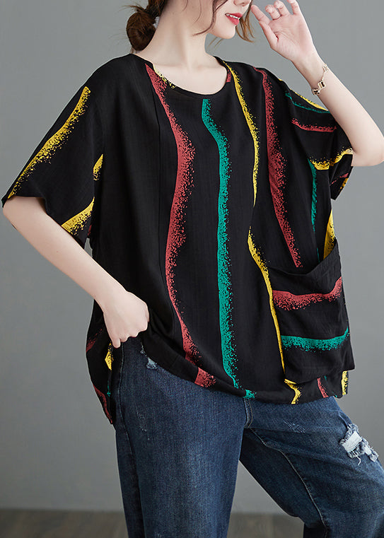 Black O-neck Big Pocket Print Tank Tops Short Sleeve