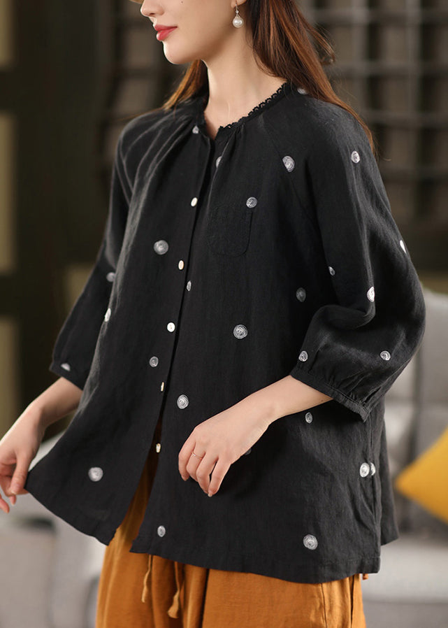 Black Embroidered Button Linen Blouse Top Summer