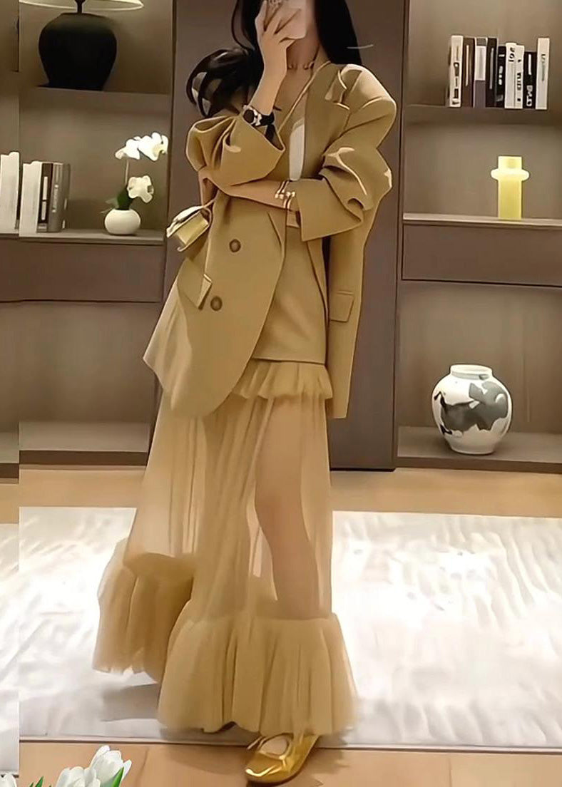Stylish Khaki Suit Coat and Skirts Two Pieces Set Spring