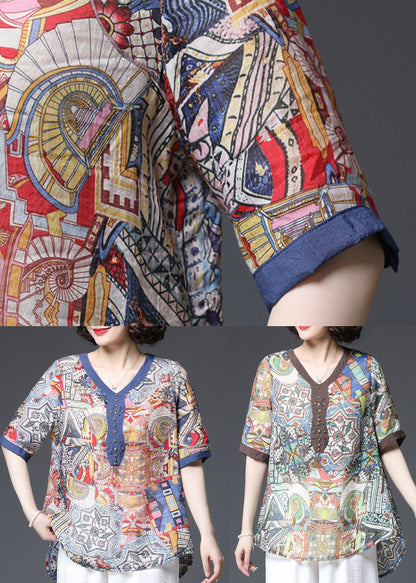 Blue V Neck Print Cotton Shirts Short Sleeve