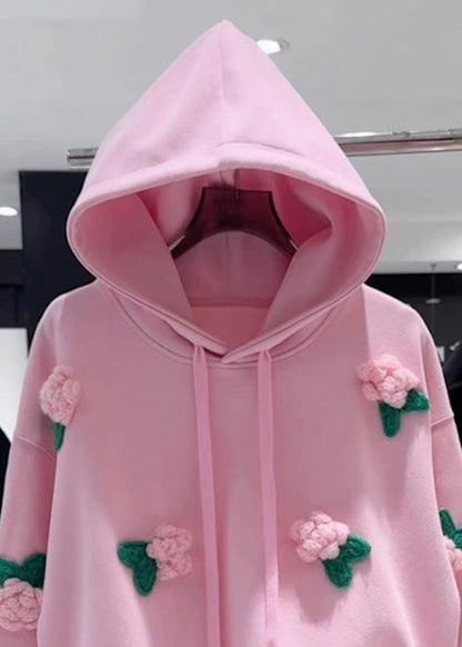 Loose Pink Hooded Drawstring Cotton Pullover Sweatshirt Fall