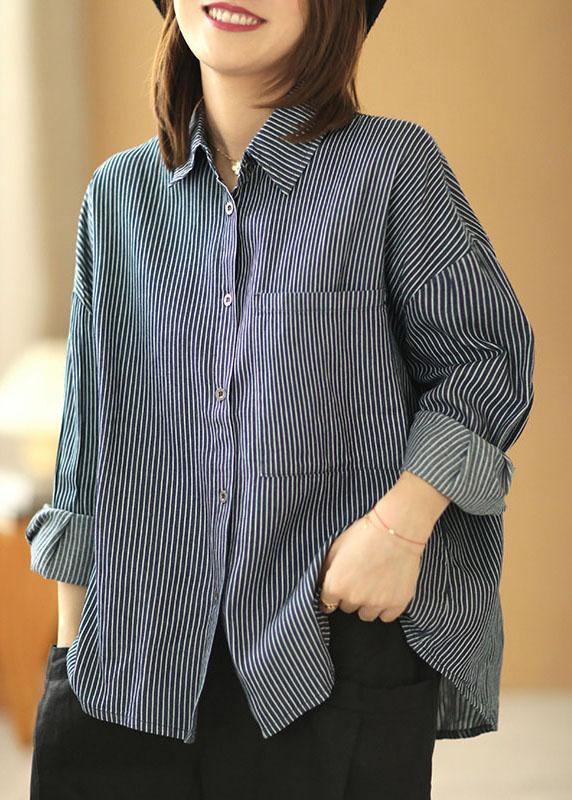Italian Navy Striped Peterpan Collar Button Pockets Fall Top Long Sleeve