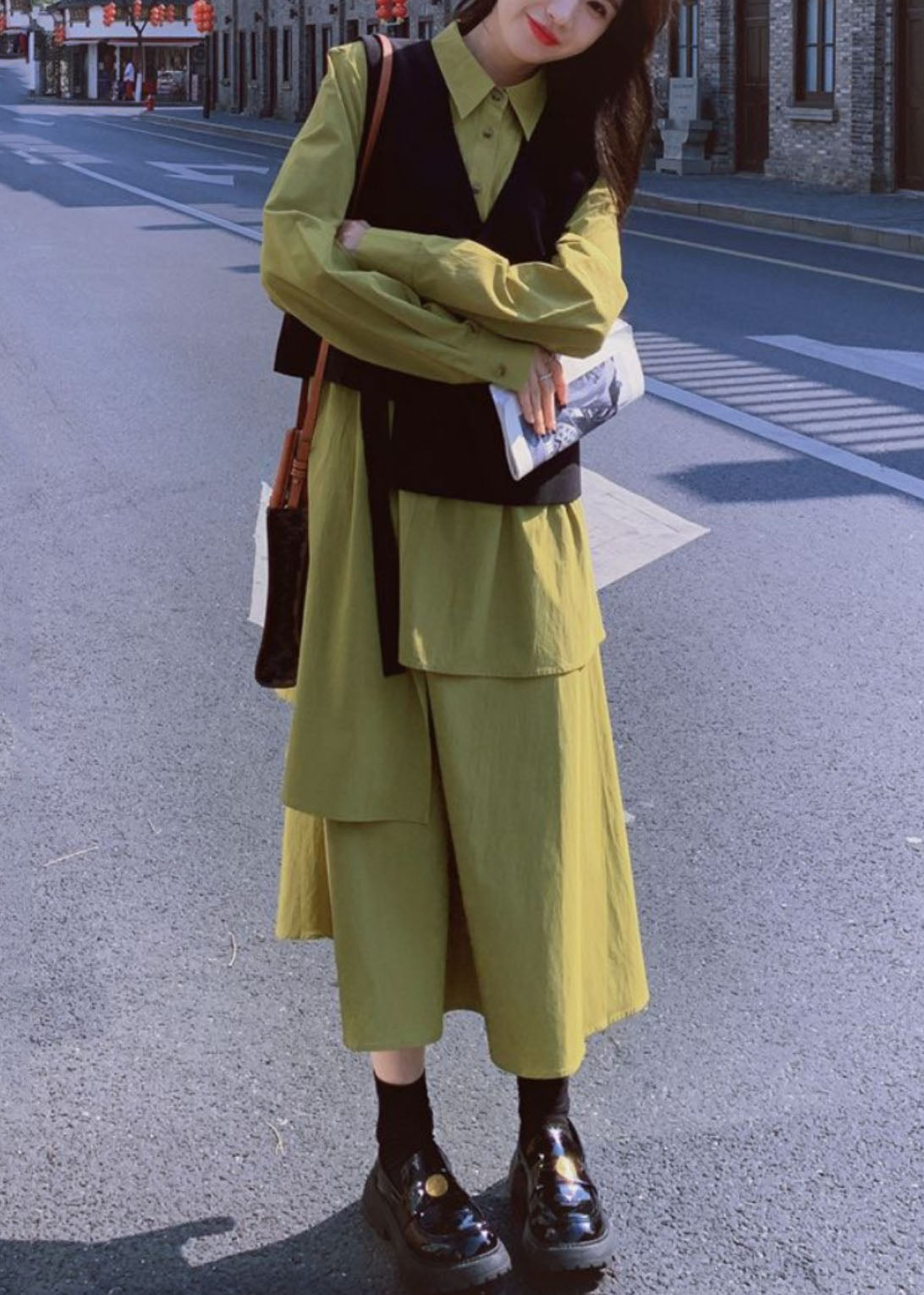 French Patchwork Black Waistcoat and Green Long Dress Two Pieces Set Long Sleeve