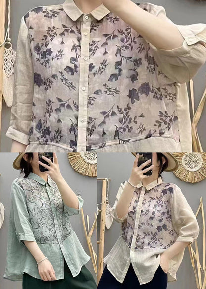 Apricot Print Patchwork Linen Blouse Top Summer