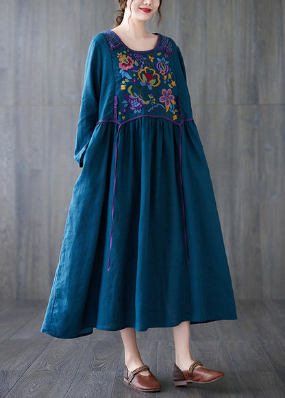 Orange O Neck Embroidered Patchwork Cotton Dress Spring