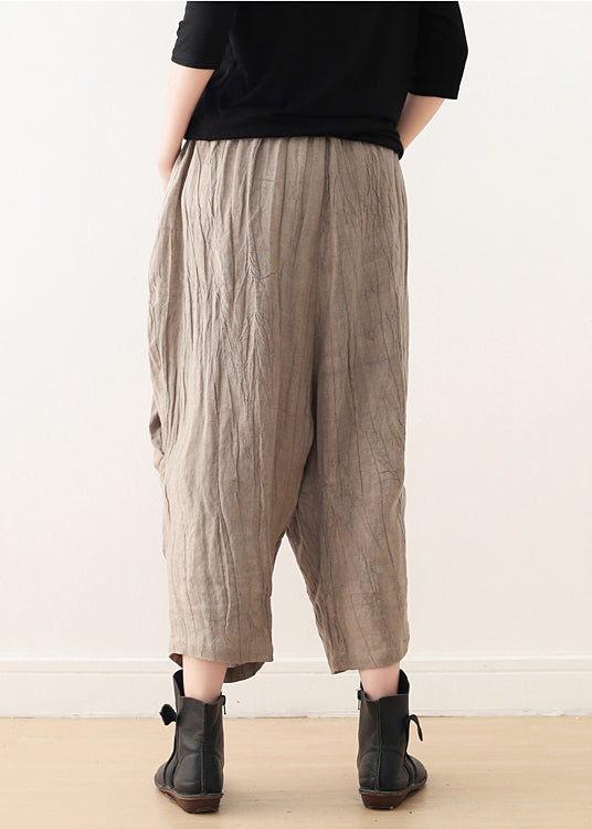 Khaki Tie Dye Wrinkled Linen Harem Pants Fall