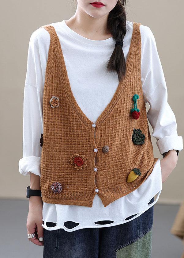 Style Khaki Embroideried Fall Shirt Knit Vest Sleeveless