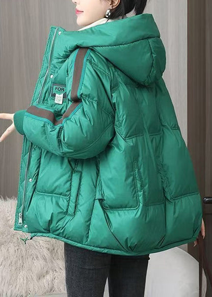 Green Zip Up Pockets Fine Cotton Filled Hooded Jackets Winter
