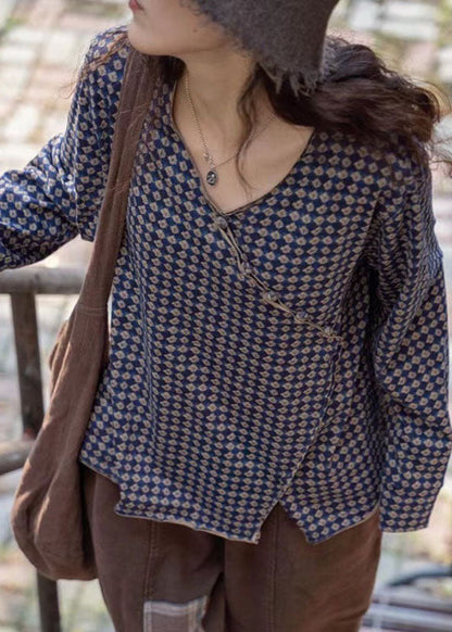 Blue Plaid V Neck Button Drawstring Fall Shirt Tops