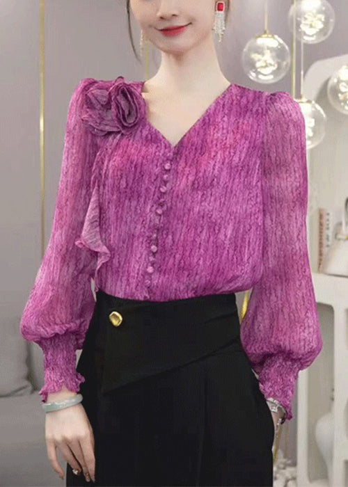Purple V Neck Tie Dye Chiffon Blouses Fall