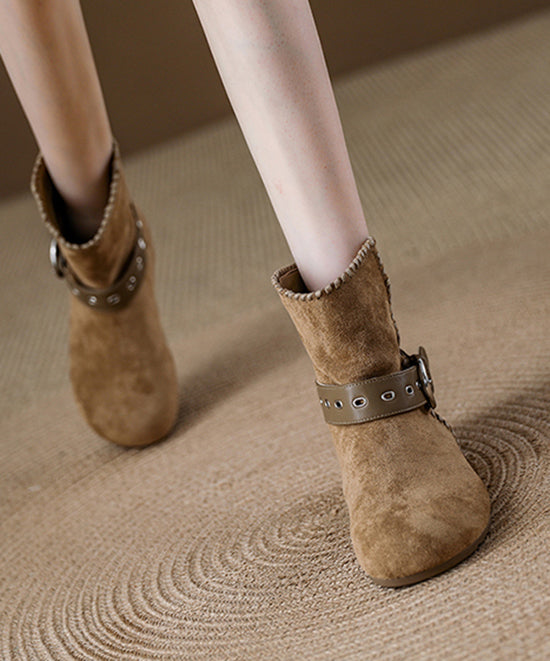 Khaki Suede Buckle Strap Splicing Boots