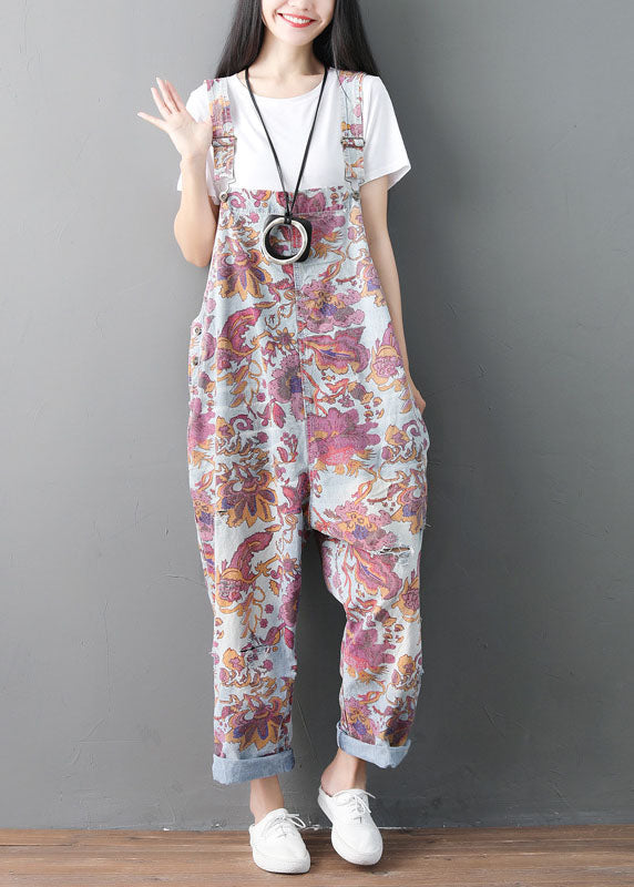 Modern Pockets Print Ripped Denim Jumpsuit Spring