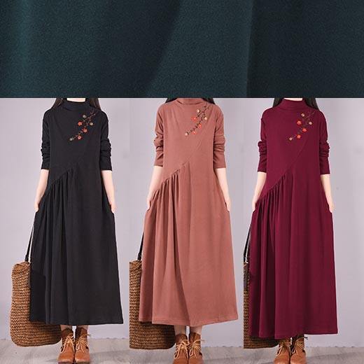 Natural High Neck Cinched Spring Tunic Fabrics Brown Embroidery a Line Dress