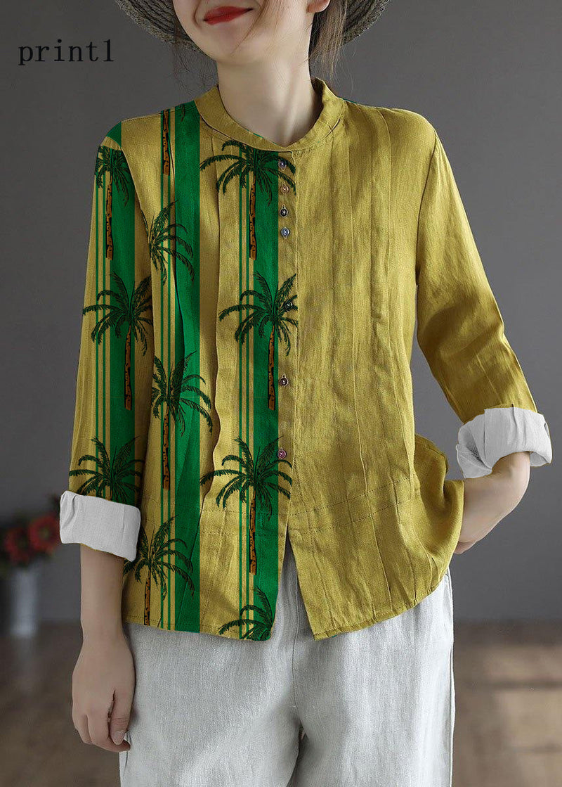 Blue Flower Button Fall Top Long Sleeve Linen