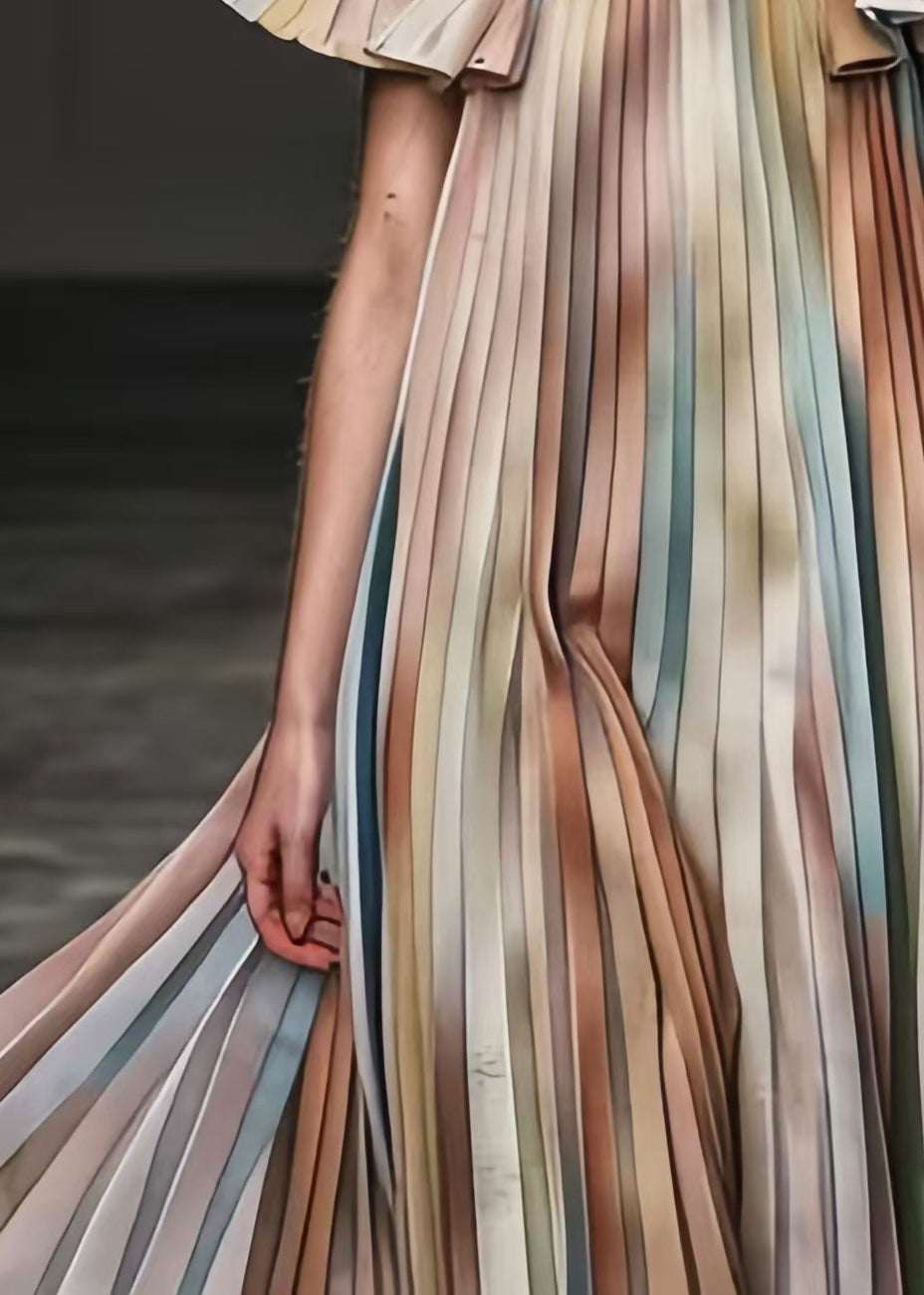 Khaki Cold Shoulder Tie Dye Chiffon Pleated Dress Summer