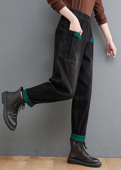 Style Black Pockets Patchwork Denim Pants Spring