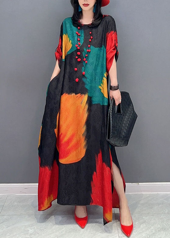 Colorblock O Neck Print Patchwork Cotton Maxi Dress Spring