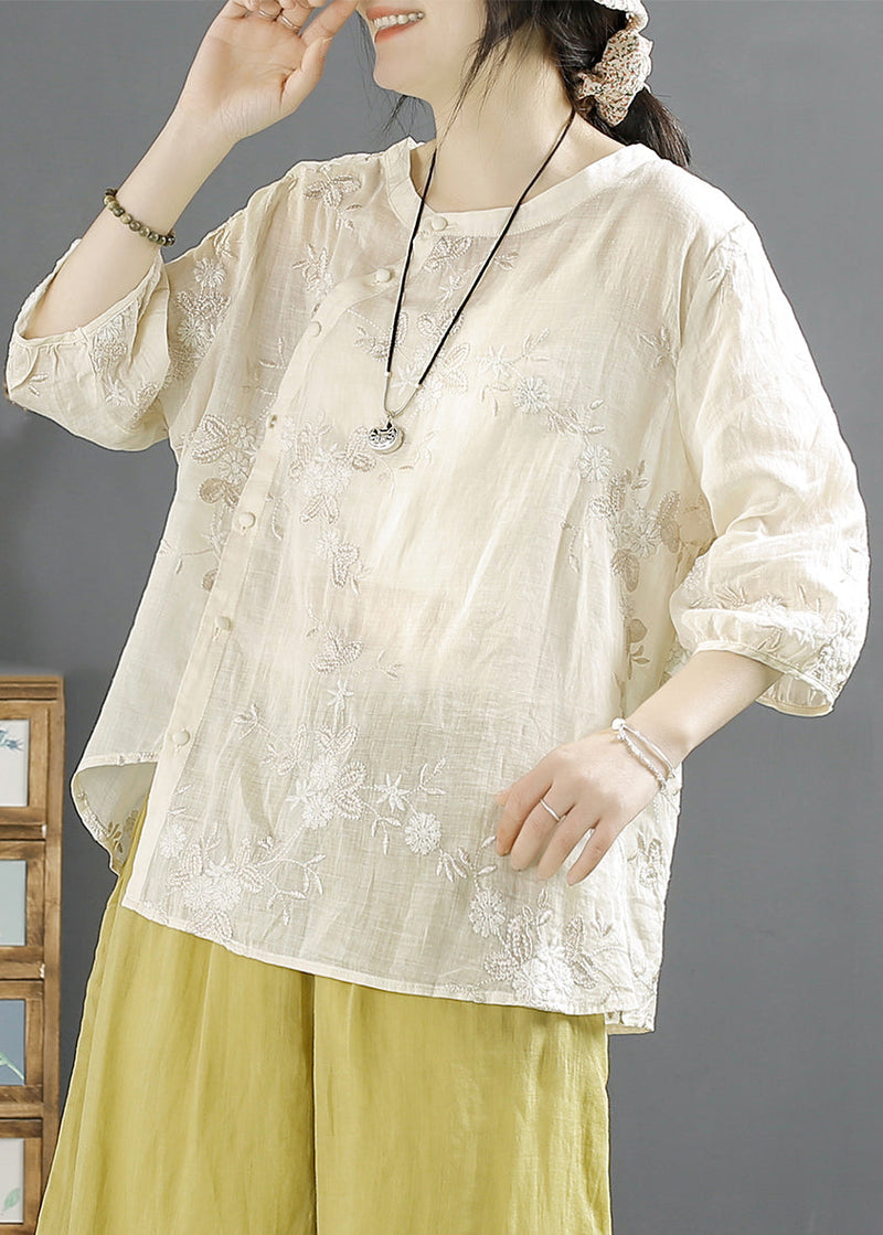 Beige Embroideried Button Linen Shirt Top Fall