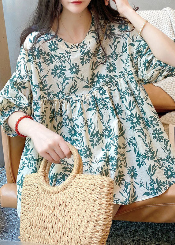 Green O Neck Print Wrinkled Cotton Blouse Tops Summer