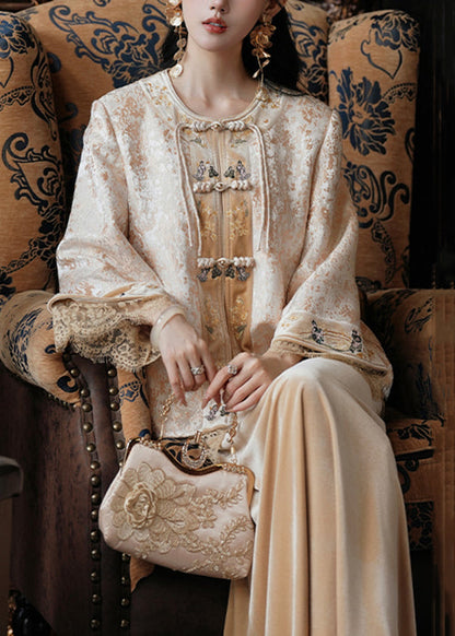 New Yellow Chinese Button Coat and Silk Velvet Skirts Two Pieces Set Fall