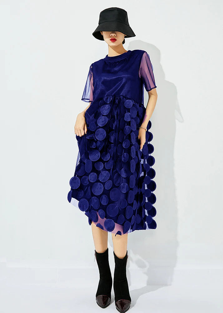 Black O-neck Patchwork Dot Tulle Holiday Dress Summer
