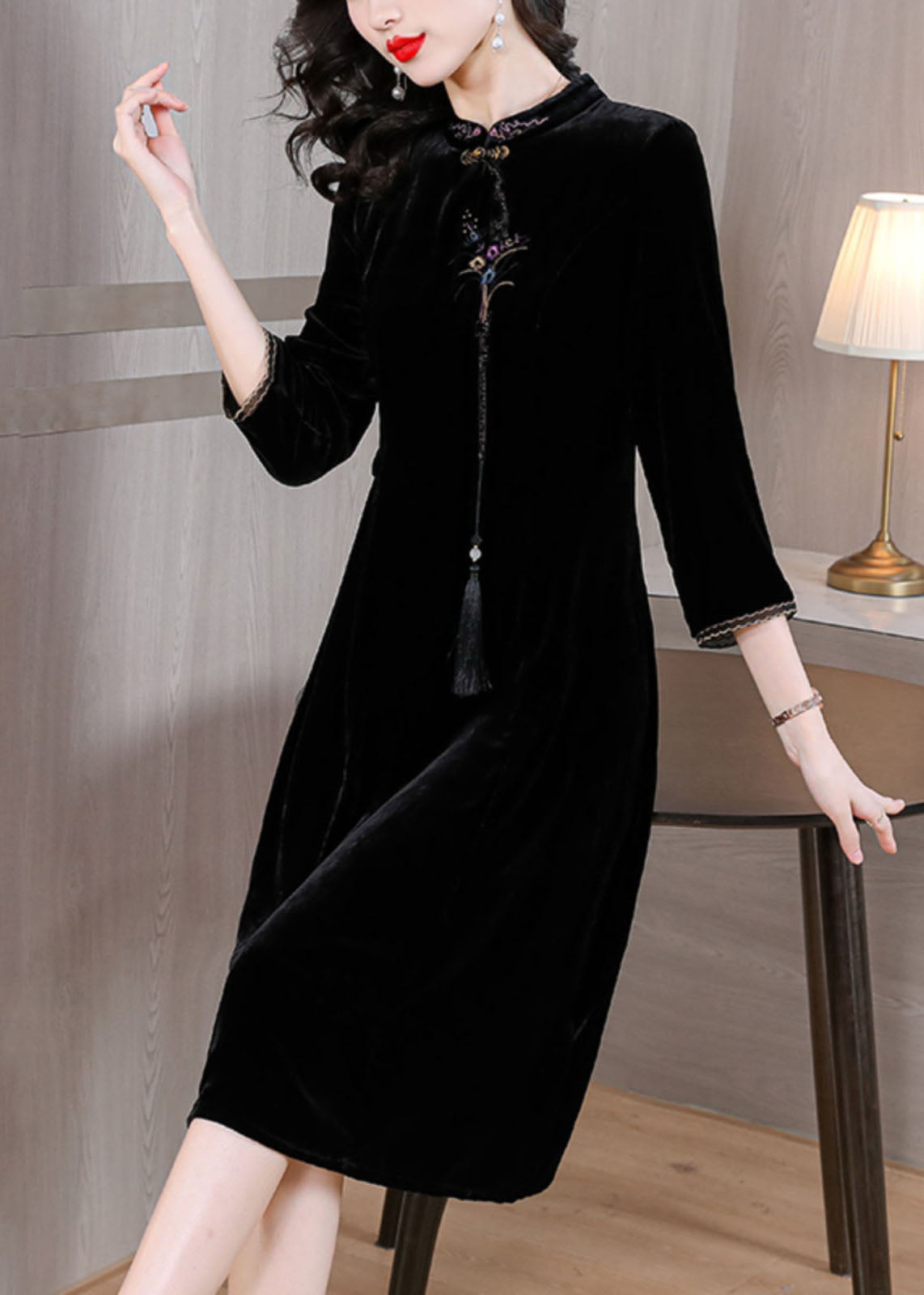 Classy Black Stand Collar Embroideried Silk Velour Maxi Dress Fall
