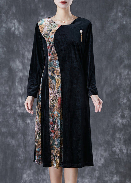 Black Exra Large Hem Patchwork Silk Velour Vacation Dresses Fall