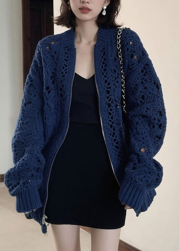 Blue O-neck Zippered Patchwork Cotton Knit Coats Long Sleeve