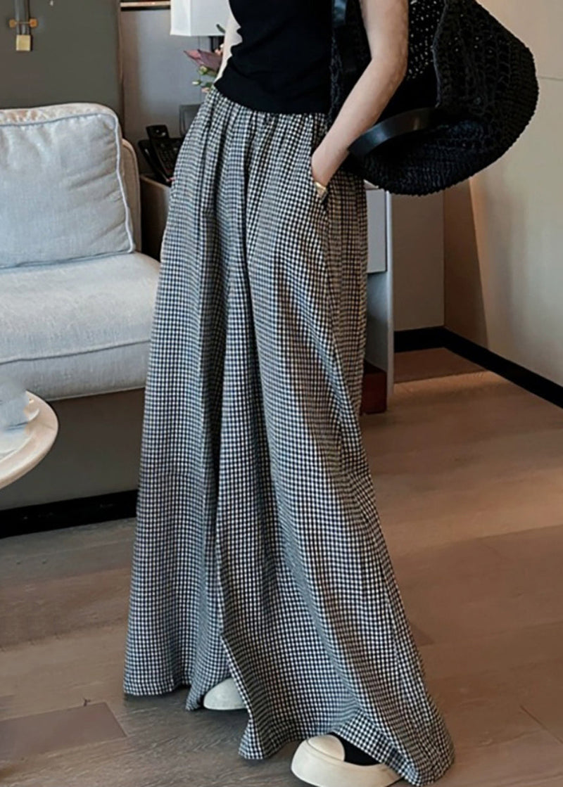 Black Plaid Pockets Elastic Waist Wide Leg Pants