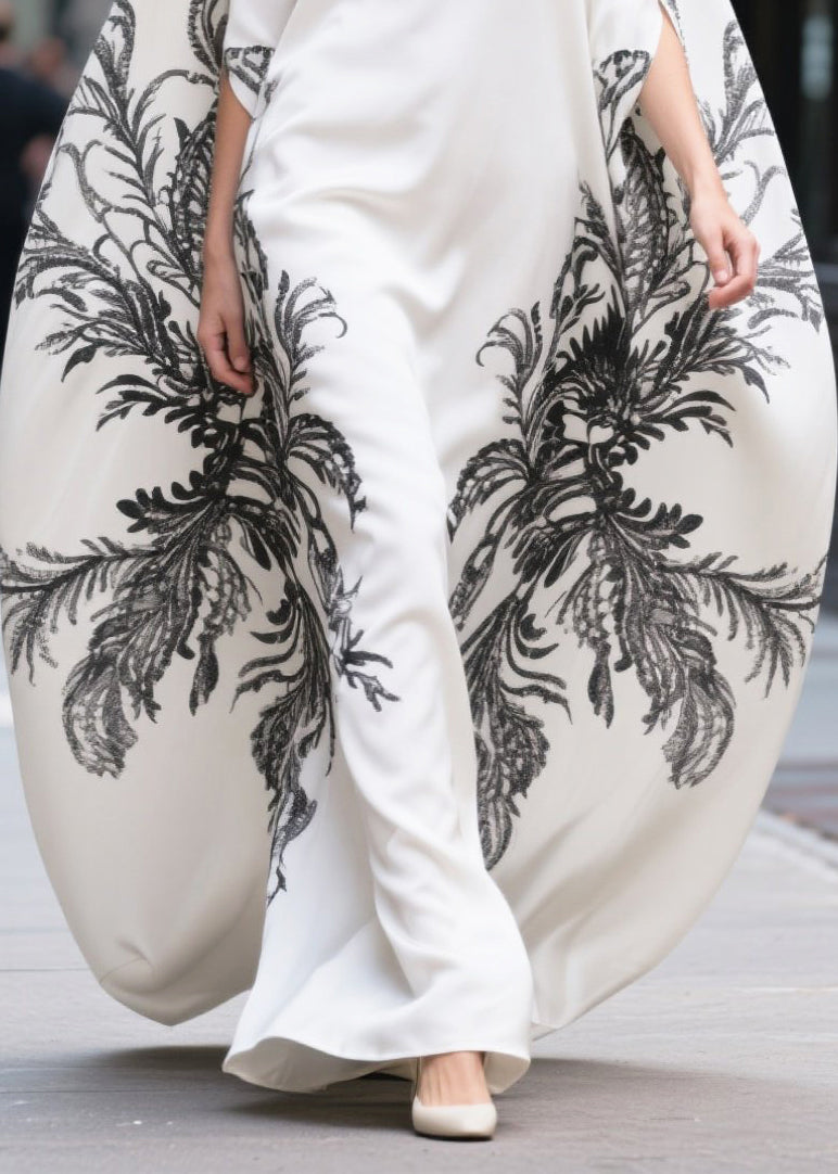 White Oversized Print Cotton Vacation Dresses Batwing Sleeve