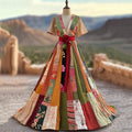 Women's Vintage Floral Color Block Short Sleeve Maxi Dress artswardrobe