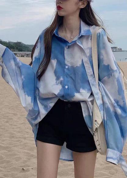 Blue Tie Dye Button Patchwork Cotton Shirt Top Fall