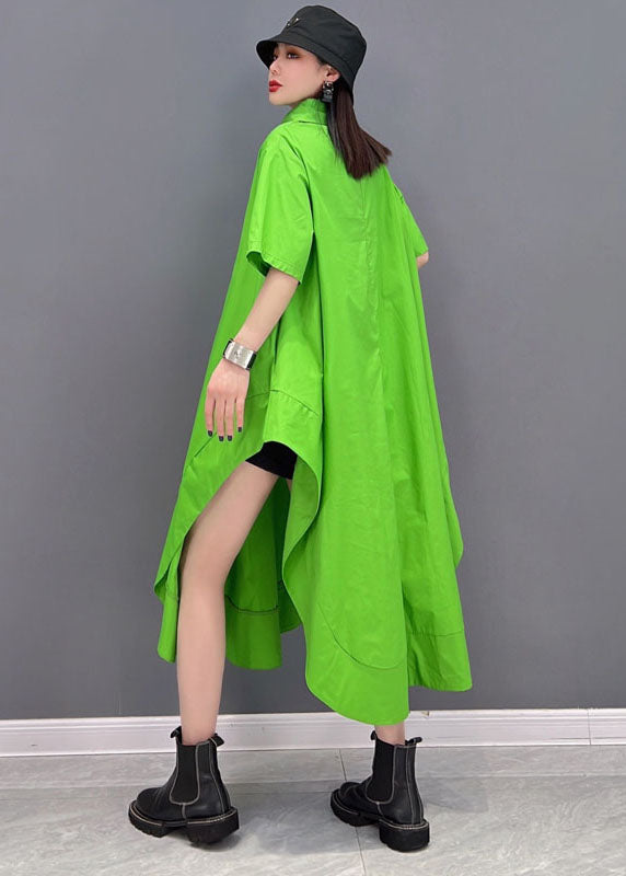 Green Asymmetrical Design Cotton Long Blouse Tops Short Sleeve