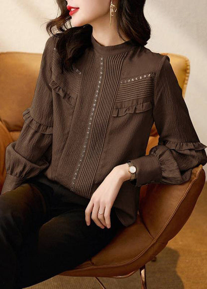 Stylish Chocolate O-neck Ruffled Patchwork Shirt Spring