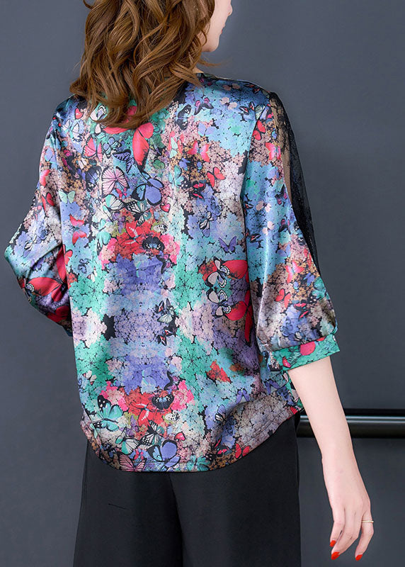 Blue V Neck Butterfly Print Lace Patchwork Silk Shirt Half Sleeve