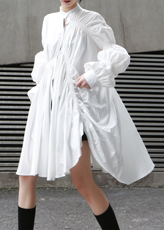 White Cinched Asymmetrical Design Cotton Dress Fall
