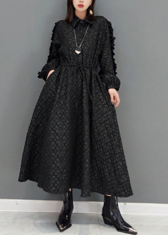 Black Ruffled Jacquard Patchwork Cotton Long Dress Fall