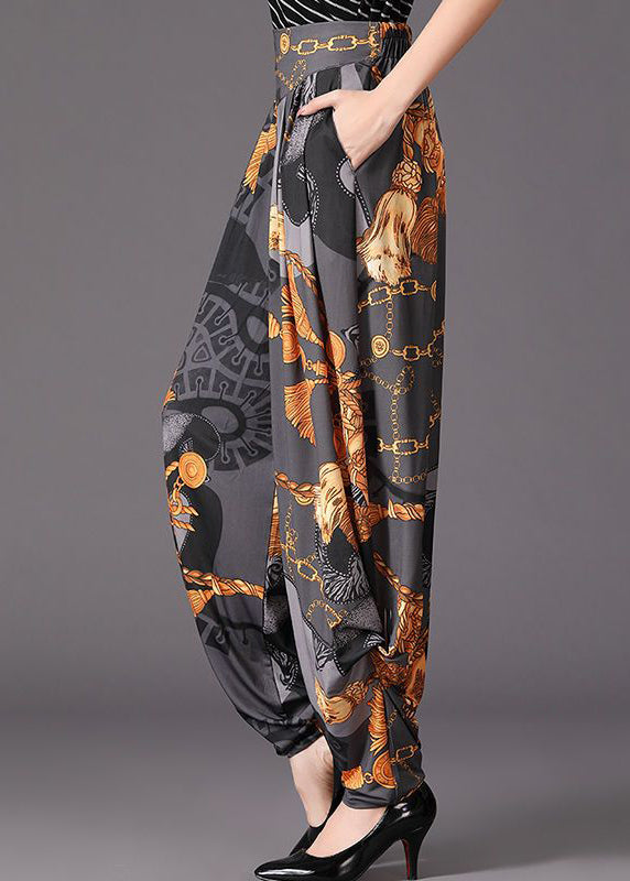 Green Pockets Wrinkled Print Cotton Pants Fall
