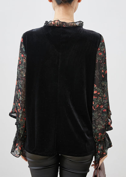 Black Print Ruffled Patchwork Velour Chiffon Shirt Spring
