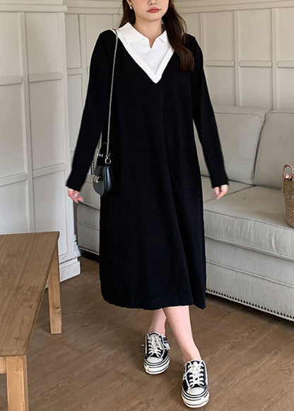 Diy Black Peter Pan Collar Patchwork Cotton Fake Two Piece Dress Fall
