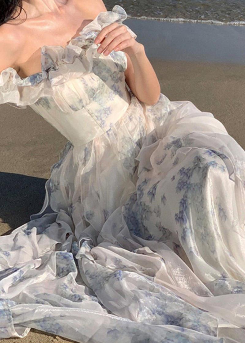 Ruffled Print Patchwork Chiffon Long Dresses Summer