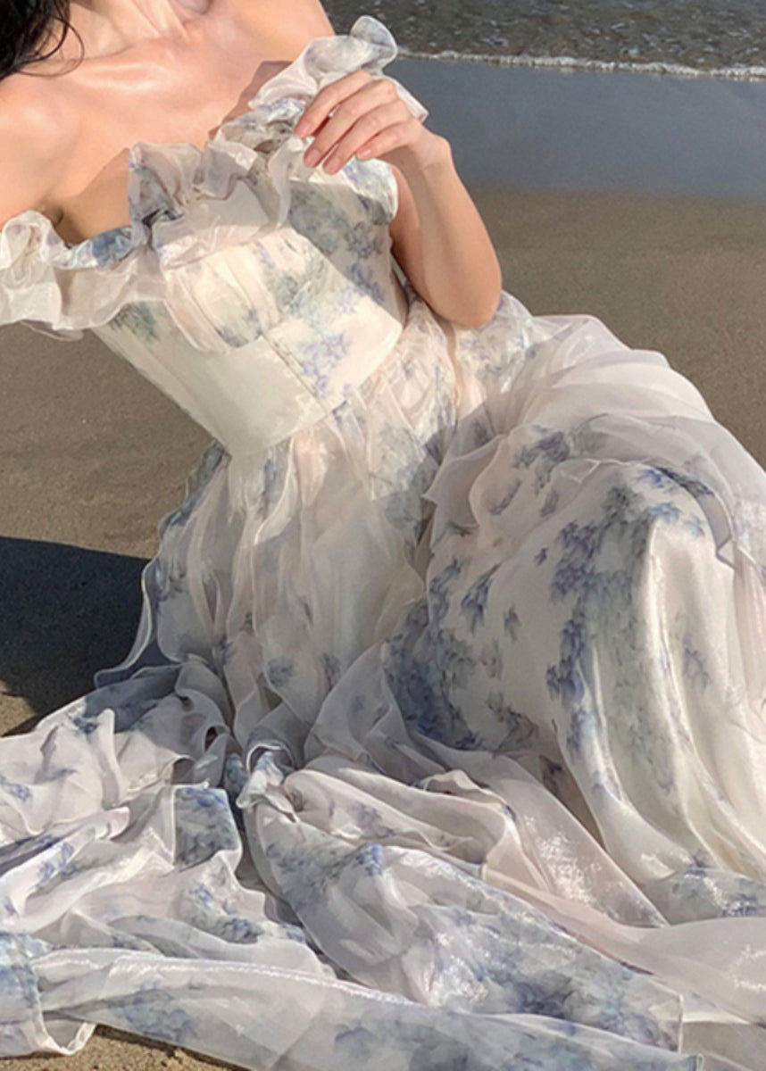 Ruffled Print Patchwork Chiffon Long Dresses Summer