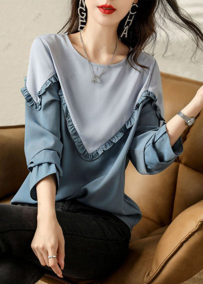 Fine Blue Ruffled Patchwork Cotton Shirts Spring